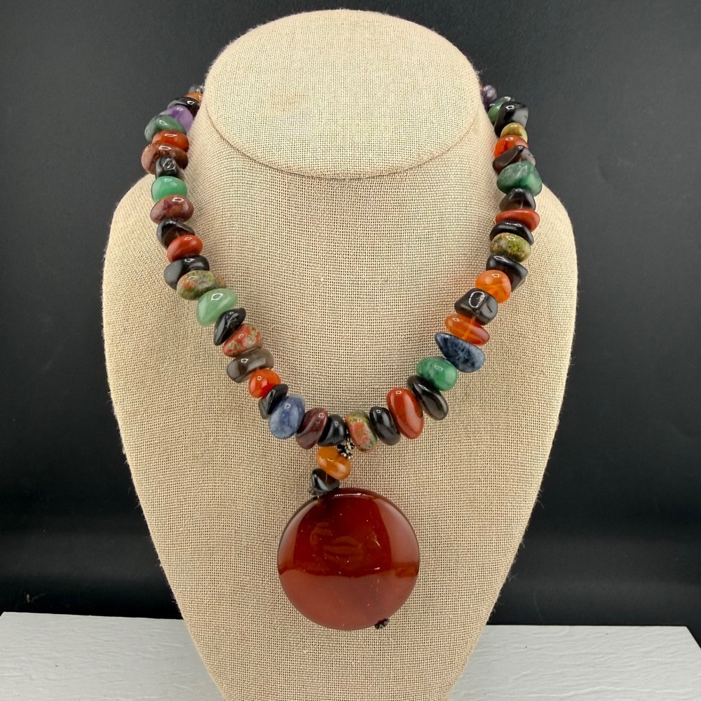 Estate Polished Stone Beaded Necklace Multicolor Adjustable 16-18in